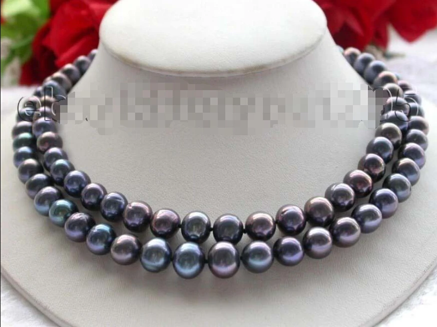 

36" Genuine Natural 10mm Black Round Pearl Necklace 14KGP!