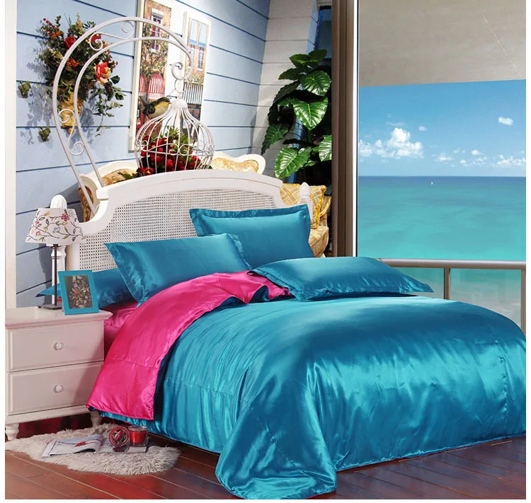 Lake blue and rose red summer satin silk bed linen double sides silk bedding set duvet cover bed