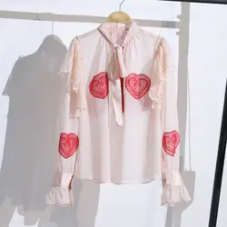 Милые розовые женские блузы 2018, дизайнерский подиум, пояс, бант, длинный рукав, кружевное сердце, элегантная шифоновая блузка, розовый топ