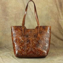 Nesitu высокое качество цветочный узор Винтаж коричневый кофе Толстая натуральная кожа женские сумки леди сумка женская сумка M113