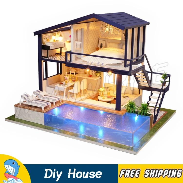 

Miniature Doll House Time Duplex Apartment Swimming Pool Dollhouse Furnitures Adult Teenager Toys Model Building Gifts Sets