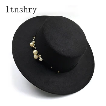 Sombrero de fieltro Vintage con perla para Mujer, sombrero de fieltro negro, sombrero de sombrero, sombrero con lazo, iglesia, trilby, unisex