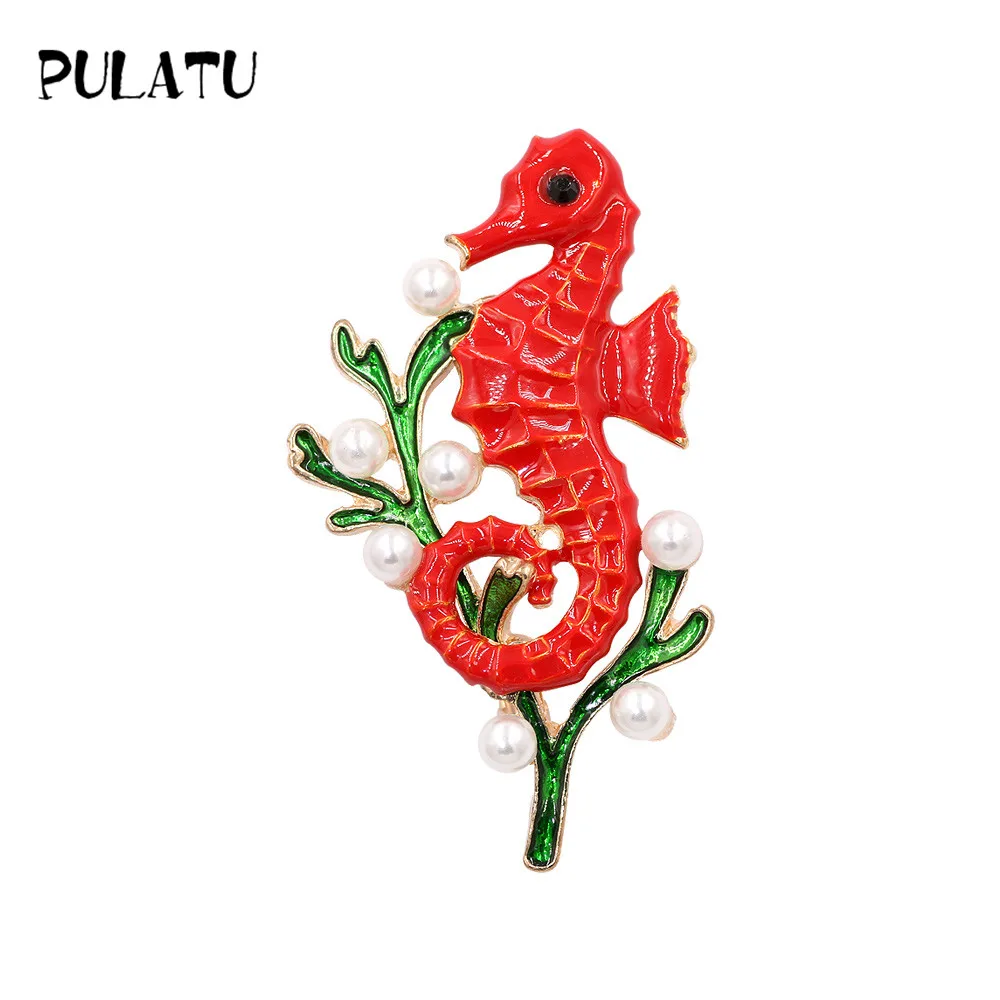 PULATU Red Seahorse Brooch Pins for Women Enamel Pearl Animal Design High Quality Brooches Kids Clothing Accessories 2018 New | Украшения и