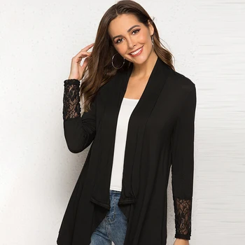 

Women Thin Cardigan Office Long Sleeve Loose Lace Patchwork Black White Top Plus Size Asymmetric Hem Thin Outerwear