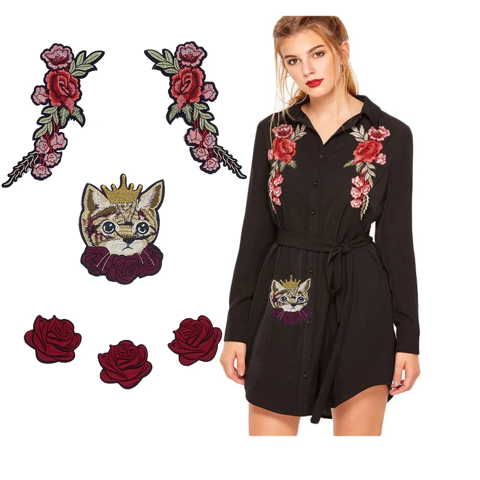 

6ps/set Quality Embroidered Patch Iron on with glue, Rose Flower Cute cat in crown New 2017 for T-shirt