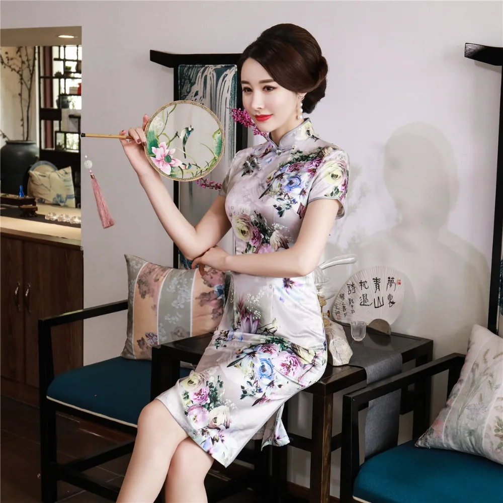 Шанхай история короткий рукав цветочный Qipao длиной до колена cheongsam платье китайский Восточный платья для женщин