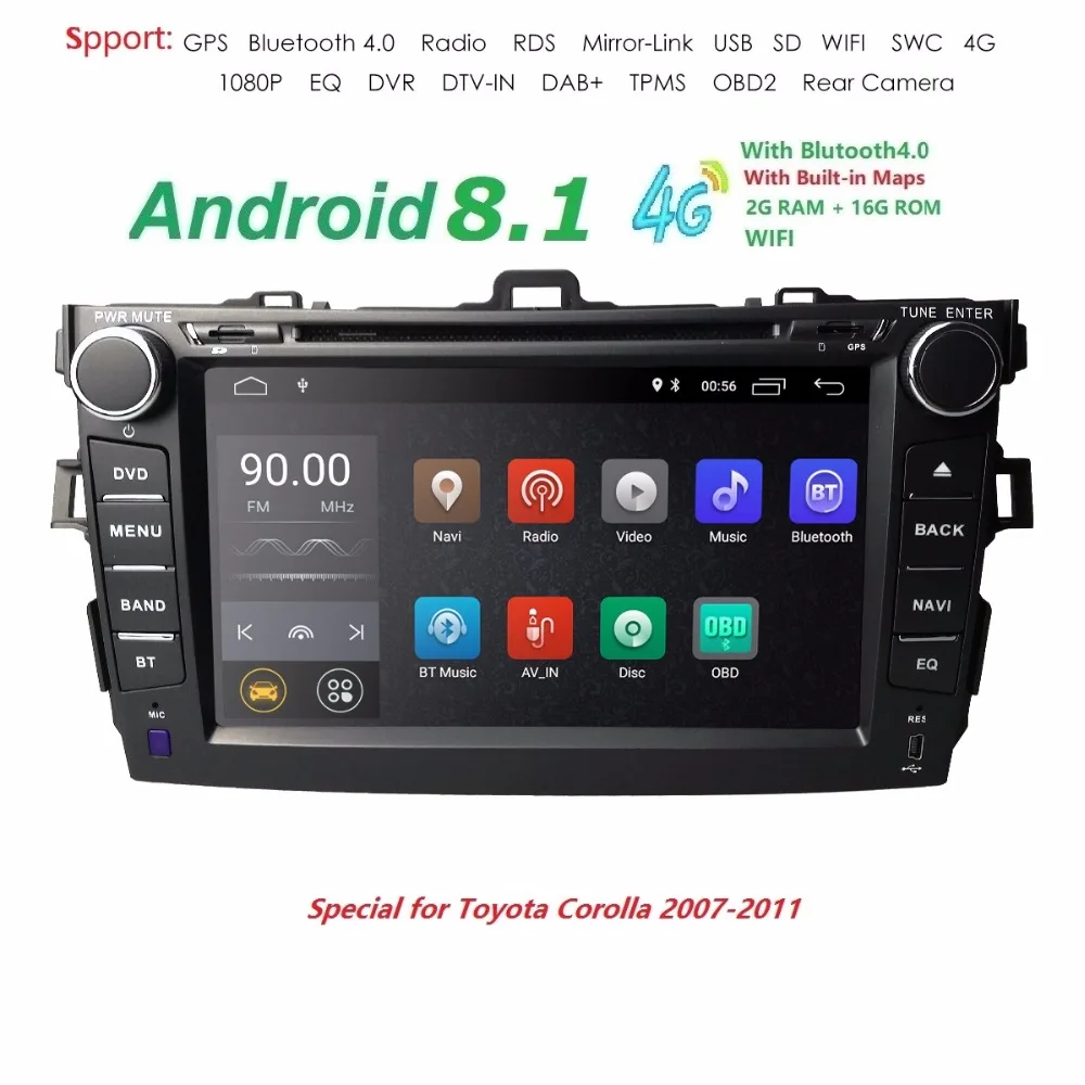 

8inch 2Din Android 8.1 Display Car DVD Player For Toyota corolla 2007-2011 in-dash car radio BT USB SD GPS Navi DAB SWC DVBT RDS