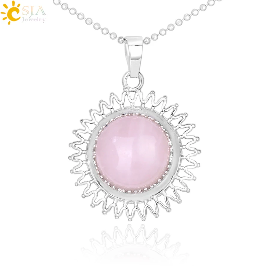 

CSJA Sun Flower Pendants Natural Stone Semi Round Purple Crystal Quartz Beads Necklace for Women Charming Jewelry Girl Gift F380