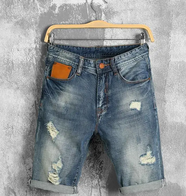 Summer New Men Leather stitching Ripped Straight Jeans Short Fashion Casual Holes Bermuda Retro Cargo Denim jogger shorts 38 40 - Цвет: 221 blue
