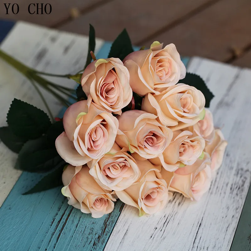 Йо Чо 12 глава искусственный роза Свадебный центральным рождественские украшения для дома шелк искусственный цветок Высокое качество поддельных цветок - Цвет: Champagne