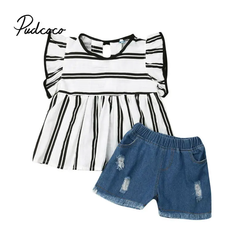 

pudcoco 2019 Children Clothing Suits For Girls Clothes Kids Toddler Enfant Fille Infantis Outfits Striped Dress + Hole Shorts