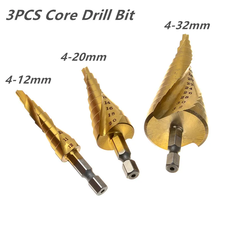 

ZENHOSIT 3pcs For Home/ Industrial Metalworking Core Drill Bit Set Hex Shank High Speed Steel Spira Drill 4-12mm /4-20mm/ 4-32mm