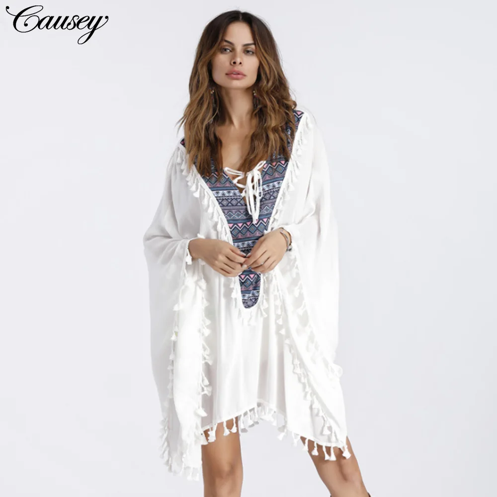 White Boho Dress Summer Loose Bohemian Beach Dresses Patchwork Cloak ...