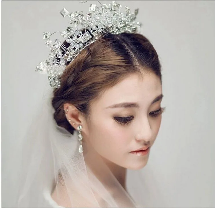 

Fashion Luxury Handmade Beading Crystal Hair Crown Tiaras Queen Princess Large Free Beading Wedding Hair Accessories