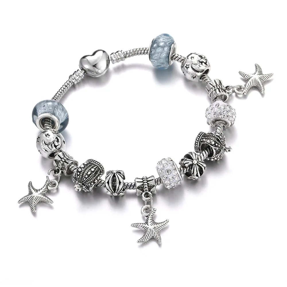 

Vintage DIY Jewelry Pulseras Bracelets & Bangles CZ Crown stars Seashell rainbow tortoise Charm Beads Snake Chain Female Women