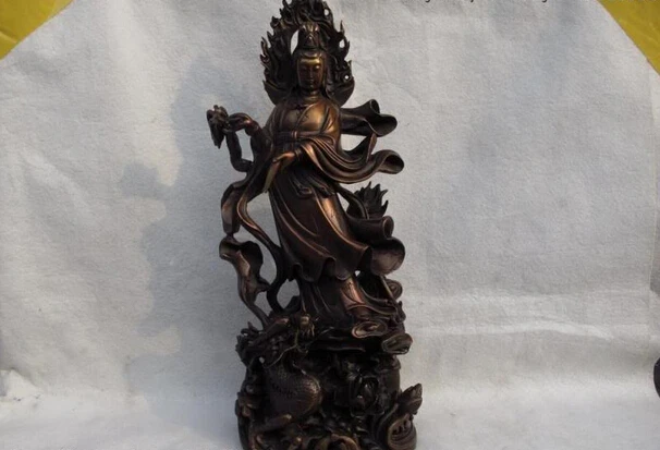 

150401 S0712 China Pure Red Bronze Copper Kwan-Yin GuanYin Bodhisattva Stand on Dragon Statue