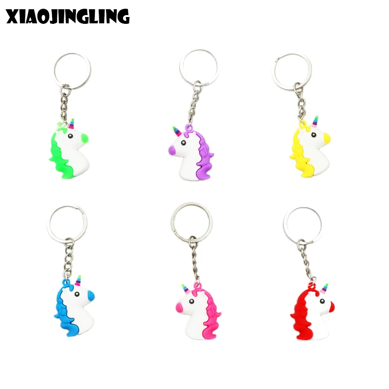 XIAOJINGLING 6 Styles Cartoon Unicorn Keychain Eco PVC Soft Rubber Keyring 3D Stereo Colorful Unicorn Bag Car Key Chain Pendant