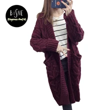 BiSHE Long Cardigan Female 2017 Autumn Long Sleeve Plus Size Solid Cardigan Women Sweater Pockets Women Knitted Jacket Tops