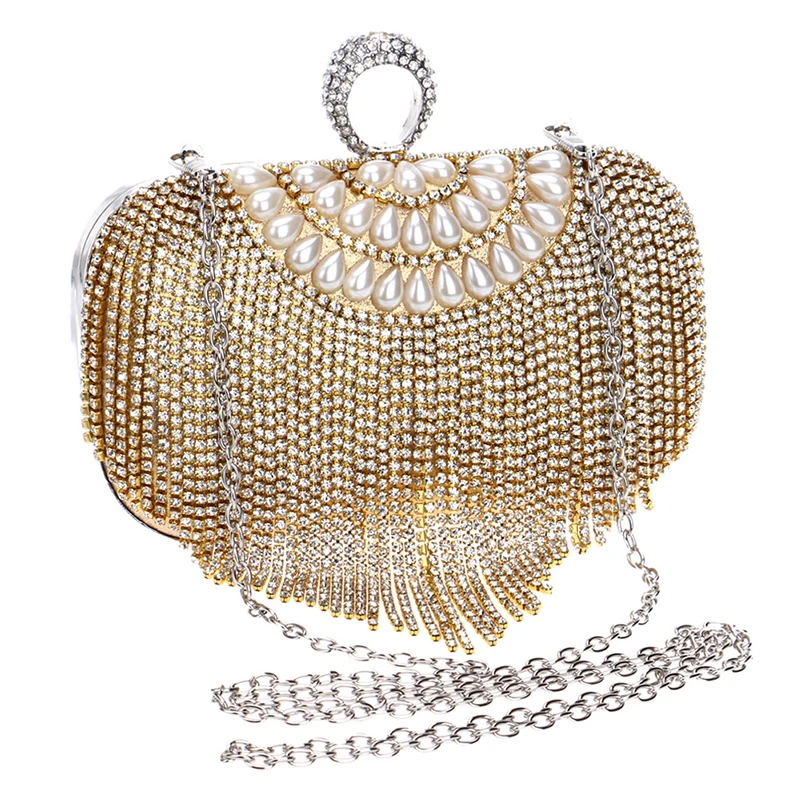 Keevip Tassel Gold Rhinestone Clutch Bag Side View