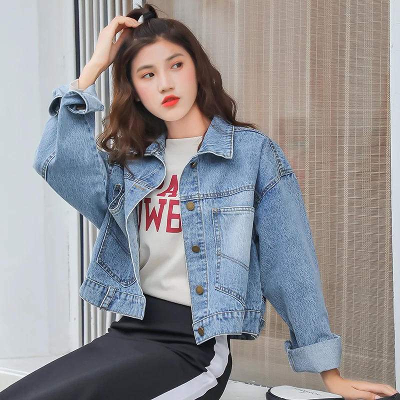 

2018 Fashion Jeans Jacket Women Spring S M L Autumn Winter Long Sleeve Stretch Short Denim Jacket Blue Coats Modis Bomber Jacket