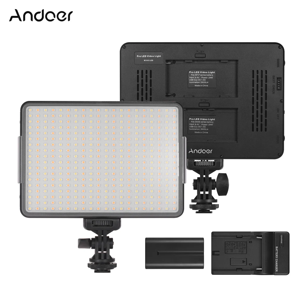 

Photography Andoer W360 24W LED Video Light Panel Fill-in Lamp 3200K/5600K Battery+Battery Charger for Canon Nikon Sony Camera