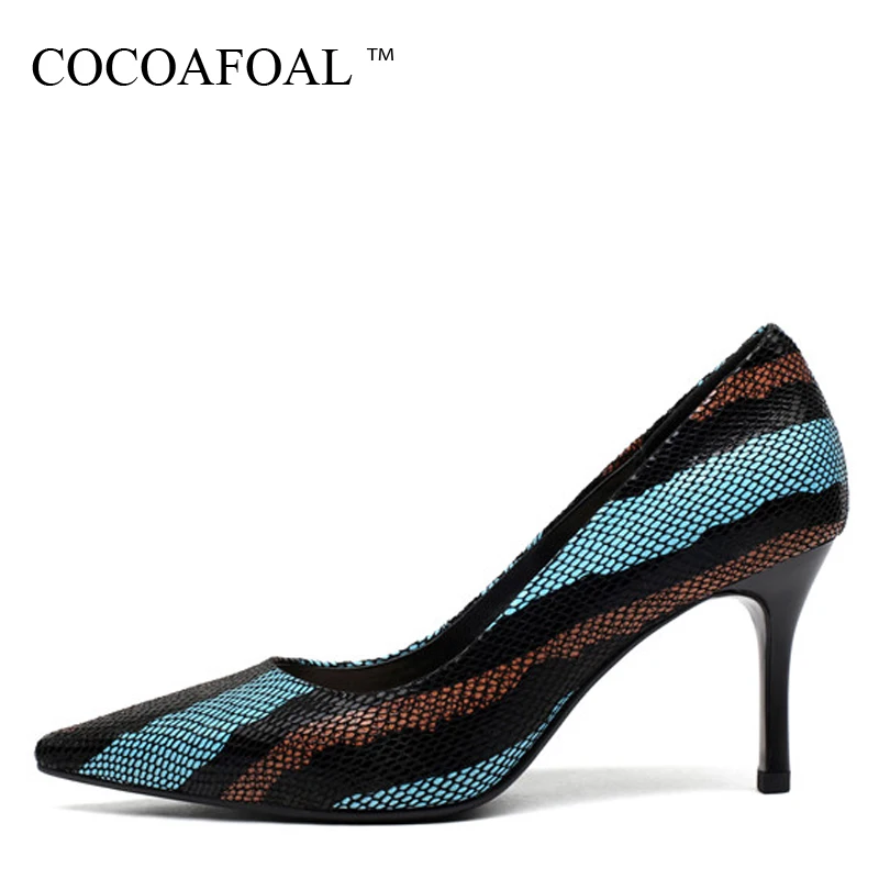 

COCOAFOAL Woman Snakeskin Pattern High Heels Shoes Apricot Sexy Stiletto High Heels Shoes Genuine Leather Pointed Toe Pumps 2018