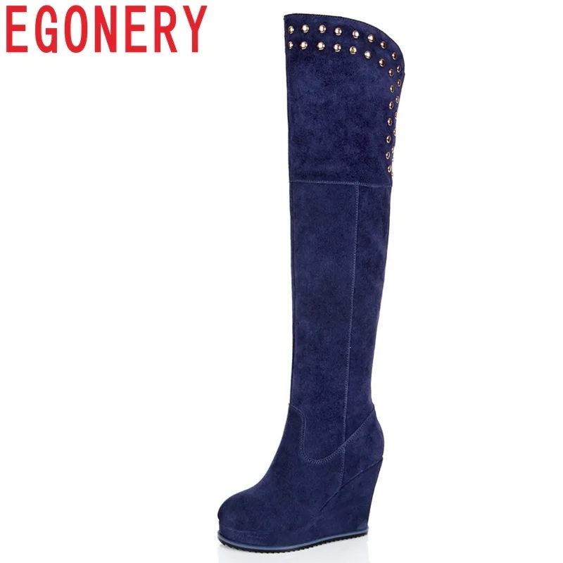 

EGONERY new hot sale cow suede round toe super high wedges platform elastic band metal rivet black and blue over the knee boots