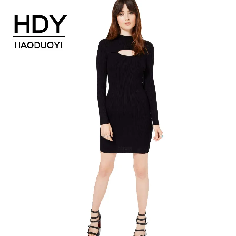 HDY Haoduoyi Для женщин Платья черный разрез спереди вязаное платье Длинные