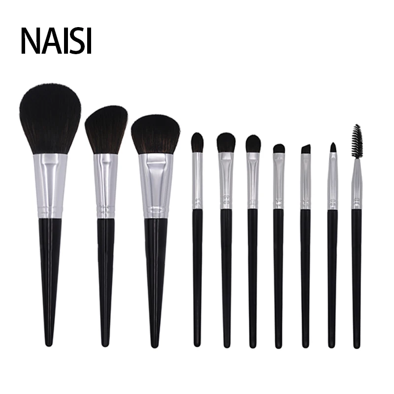 

NAISI 10PCS Black Silver Professional Makeup Brushes Set Make up Brush Tools kit Foundation Powder natural-synthetic hair
