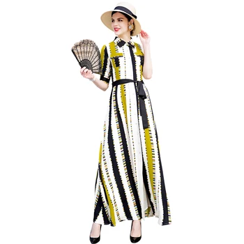 

Office Lady Turn-down Collar Long Dress Split Evening Stripe Elegant Night Maxi Dresses Belt Slim Waist Ankle-Length DZ2106