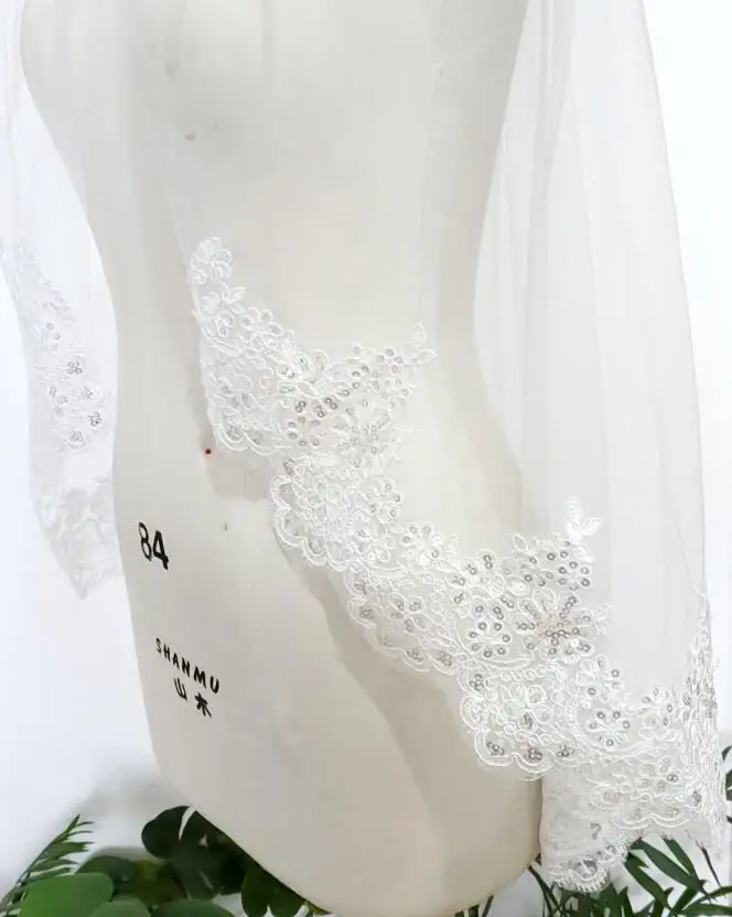 Длинные 90 см фаты и Свадебные вуали блестками кружево bling 1 слои белый цвета слоновой кости Свадьба Фата с расческой около Свадебная аппликация Вейл