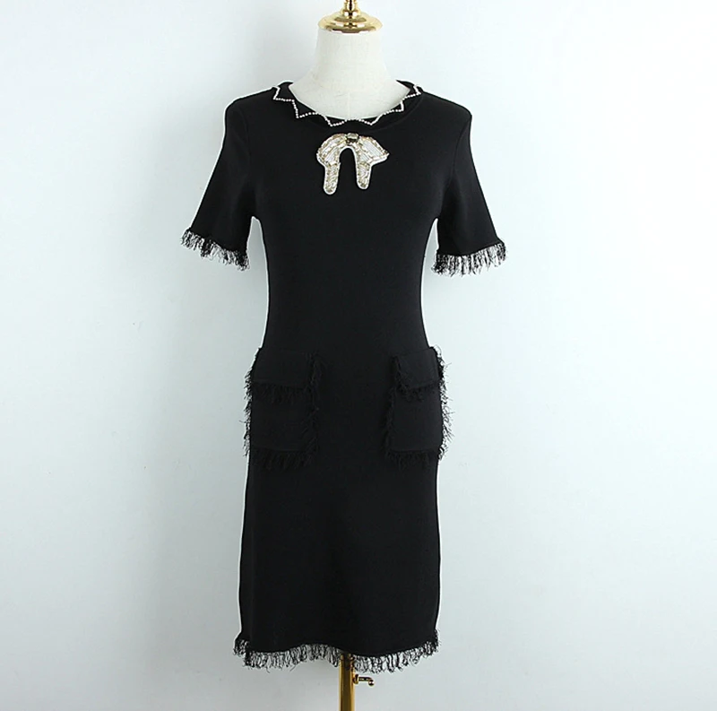

2019 Summer women Dress Runway Designer Sweater Black White Diamonds knitted Beading Elegant Slim Tassel Bow Pockets Dress