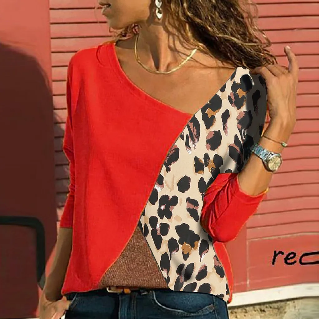 

Leopard Print Female Long Sleeve Simple T Shirt Splicing Color Women Casual T Shirt Easy Tops Clothes tee shirt femme 2019