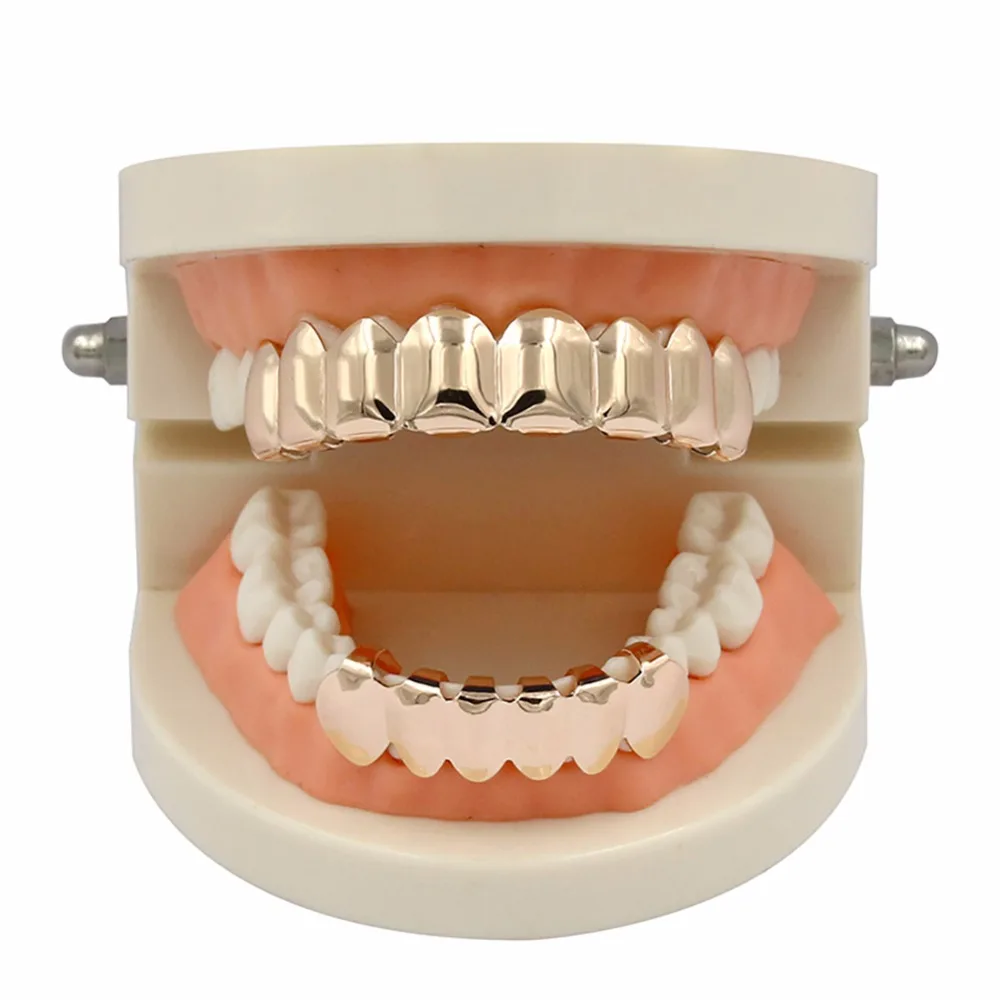 Модная новинка, 8 зубов, розовое золото, посадочный Топ и нижние грилзы, шикарные зубы, колпачки, декоративные Зубные коронки в стиле хип-хоп, золотые зубы, грили для подарка