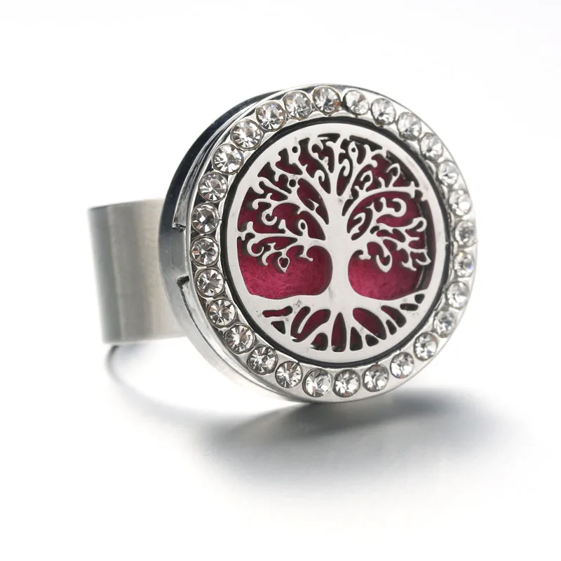 

22mm Tree of Life Diffuser Locket Ring Resizable Rhinestone Essential Oils 316L Stainless Steel Aromatherapy Ring 1pcs free pads