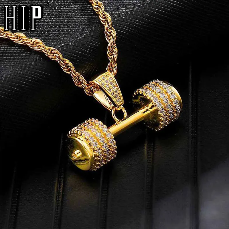 

Hip Hop Iced Out Bling Rhinestone Rope Chain Barbell Gym Fitness Dumbbell Gold Color Hand Pendants &Necklaces For Men Jewelry