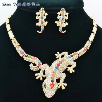 

Fashion Gecko Lizard Necklace Earring Set With Multicolour Rhinestone Crystal Animal Necklace For Women FA3274