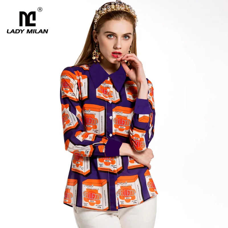 New Arrival 2019 Spring Summer Women's Turn Down Collar Long Sleeves Letters Geometric Printed Fashion Designer Shirts |