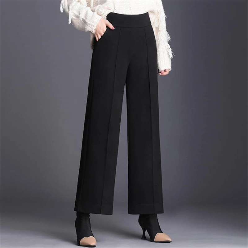 

Woman Spring High Elastic Waist Solid Thick Ankle-length Pants Female Autumn Oversized Loose Wide Leg Trousers Women Warm Capris