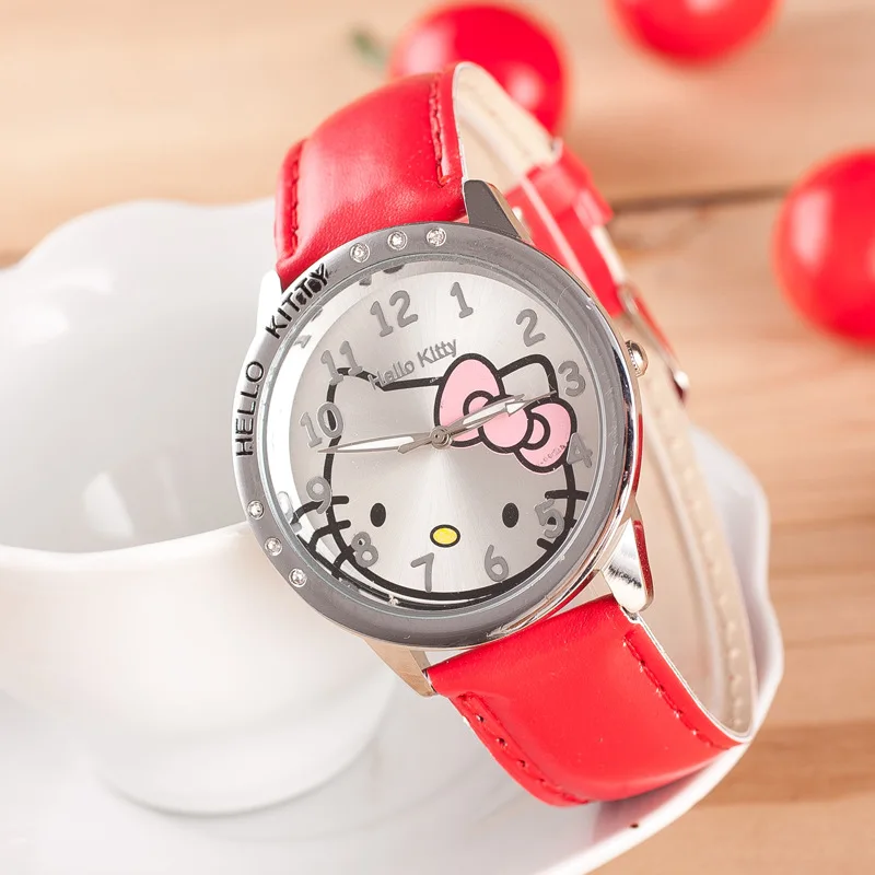 TMC #238 новый стильный милый рисунок «hello kitty» часы кожаный ремешок аналог кварцевые наручные часы для обувь девочек студентов горячая