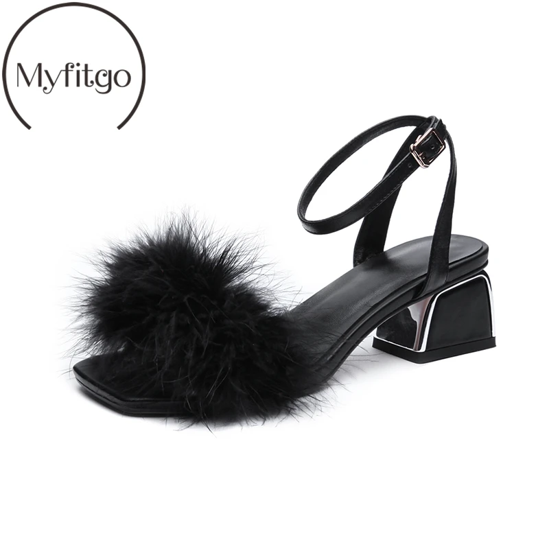 

Fashion Summer Sandals Women High Heels Shoes Ostrich Hair Female Buckle Mules Fur Square Opened Toe Slingback Ladies Sandals
