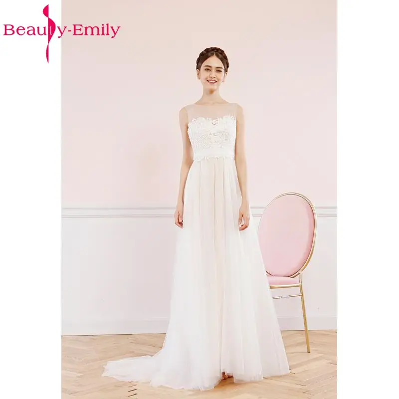 Красота-Эмили чистый белый Элегантный шифон Свадебные платья 2017 без рукавов Кружева Свадебные Платья Vestidos de noiva