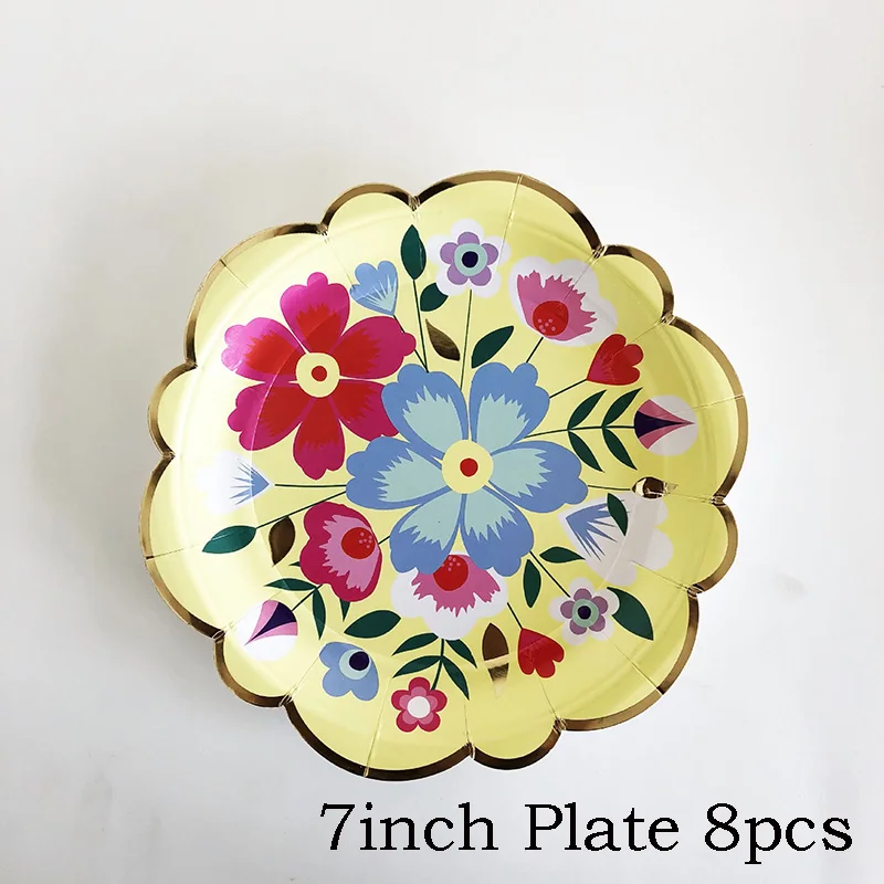 Retrol Цветочные бумажные тарелки и стаканы на день рождения и свадьбу, вечерние украшения для сада, бумажные стаканчики для одноразовой посуды - Цвет: 7inch Plate 8pcs