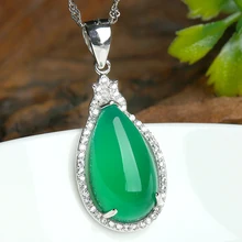Мода 925 серебряных инкрустированные натуральный зеленый халцедон кулон Цепочки и ожерелья подвеска ювелирные женский серебряный jade специальные
