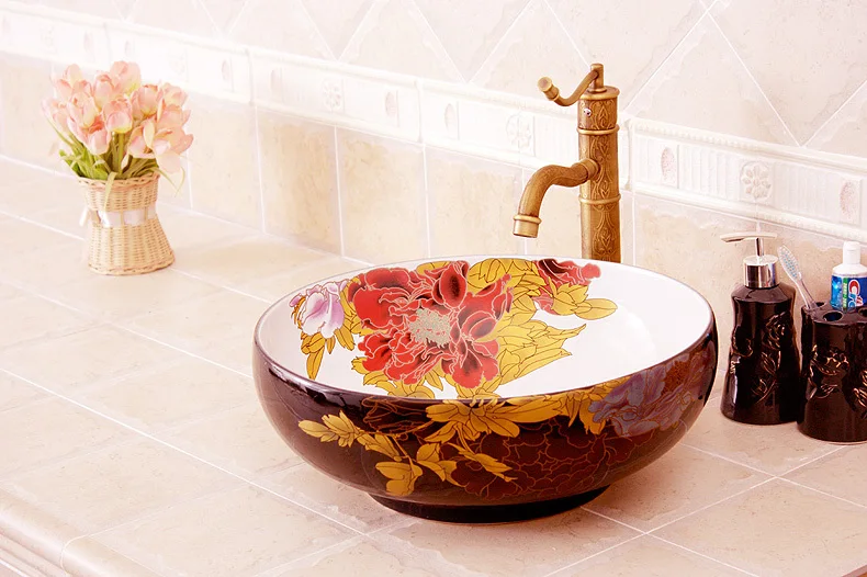 Изображение в китайском стиле cordate telosma керамическое блюдо с рисунком арт Lavabo Ванная комната сосуд раковины круглый Счетчик Топ ванночка для мытья волос