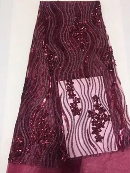 

African Lace Fabric 2017 French Sequins Net Lace new wine red sequin fabric 5yard High Quality African Tulle Sequin Lace Fabric