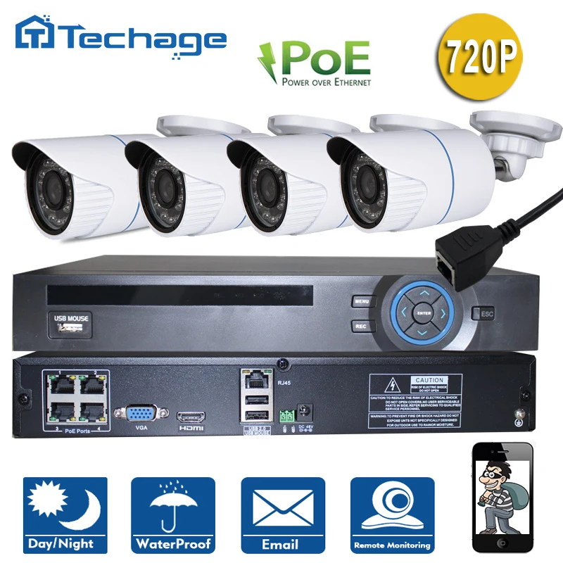  Techage 4CH POE NVR 1080P PoE CCTV System Set 4PCS 720P 1MP IP66 Waterproof IP Camera P2P Alarm IR Night Vision Security Kit 
