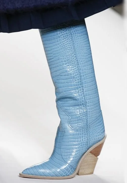 

Genuine Leather Blue Women Cowboy Boots Pointed Toe Western Boots Runway Wedges Wooden Heels Knee High Boots Customzied