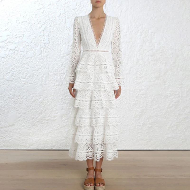 

2019 Runway Designer White Lace Dress Women Sexy V Neck Long Sleeve Maxi Layared Cake Dress Female Hollow Out Beach Long Dress