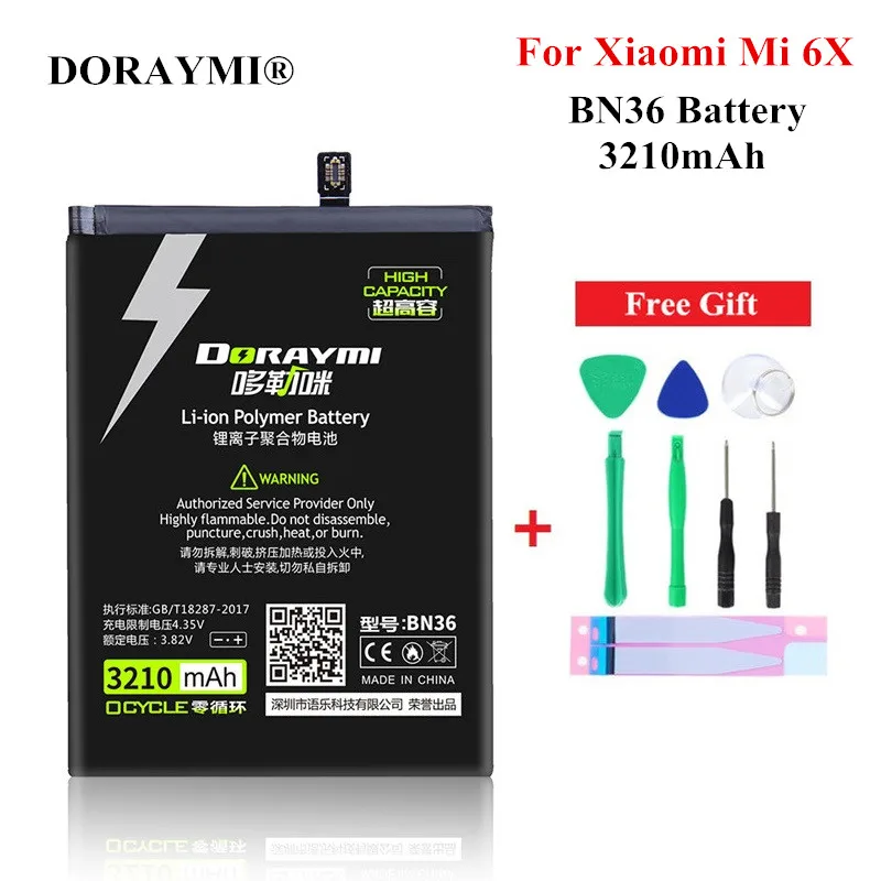 

DORAYMI Phone Battery For Xiaomi Mi 6X A2 Mi6X MiA2 BN36 3210mAh Replacement Batteries High Quality Bateria Free Tools